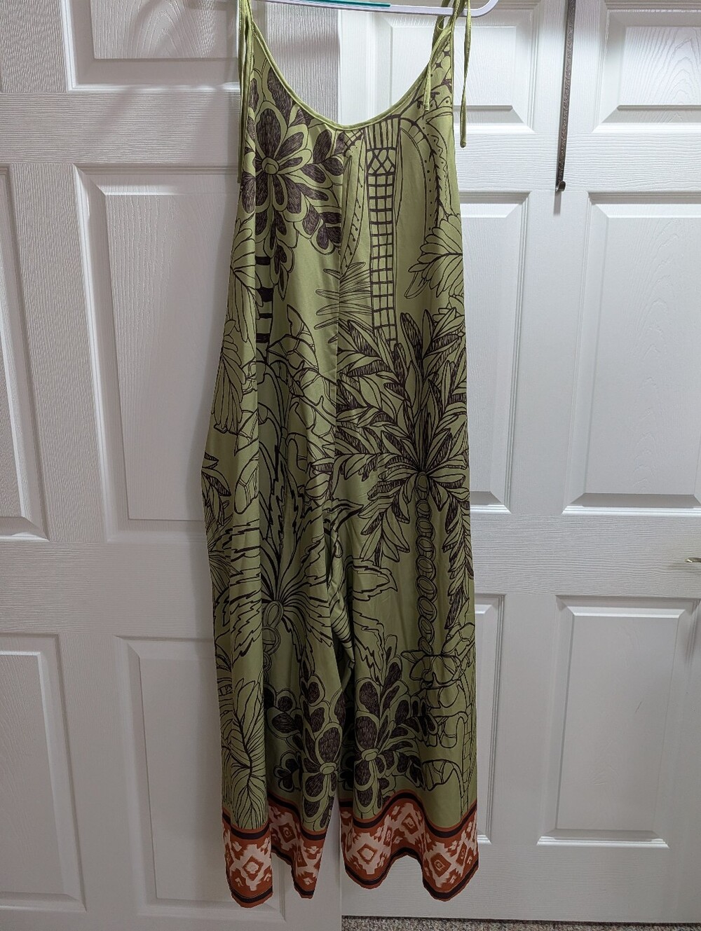 SHEIN Olive Green Tropical Print Jumpsuit with Rust Border